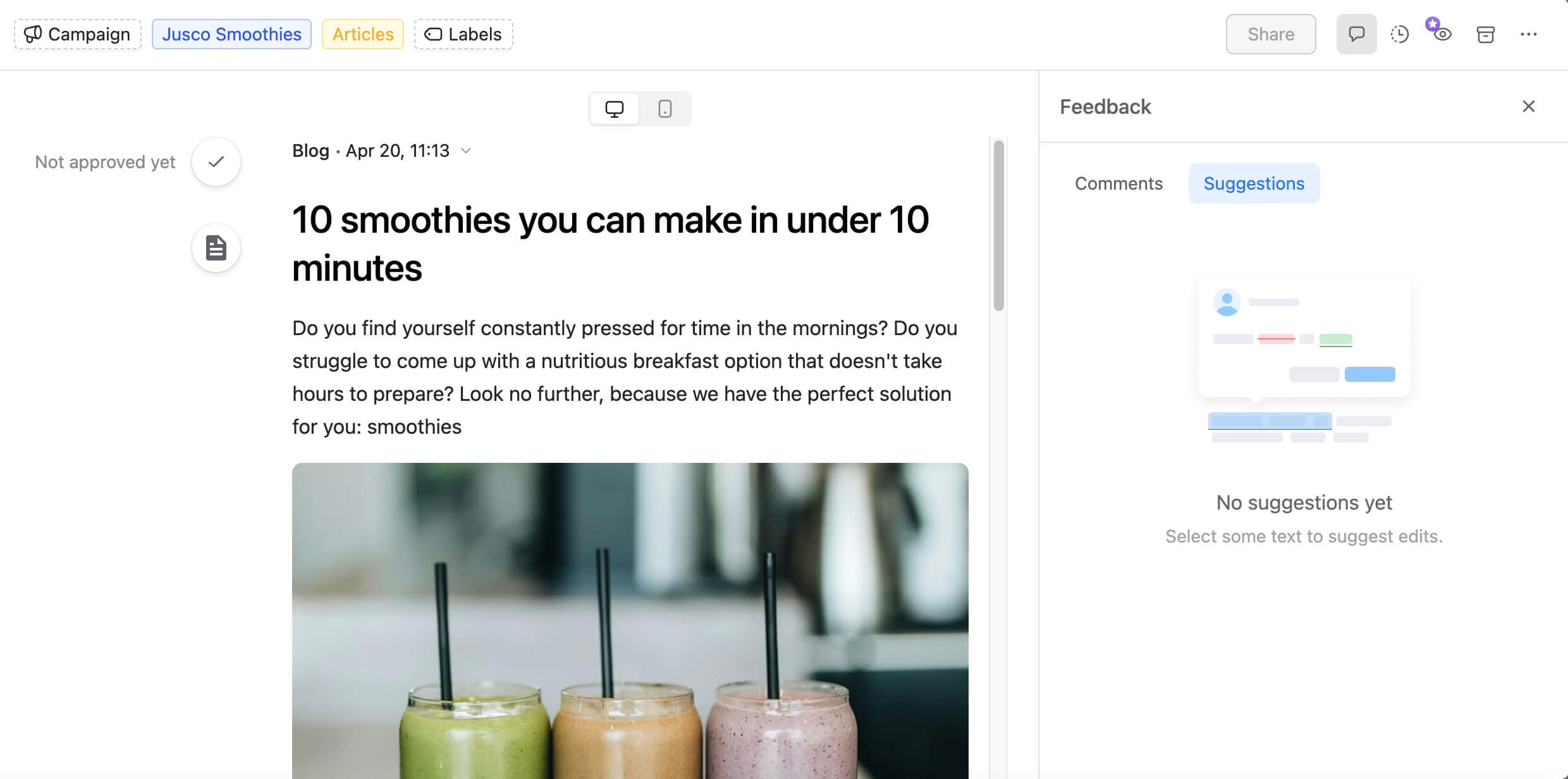 Planable's Blog editor with smoothie article draft and live feedback panel for comments and suggestions