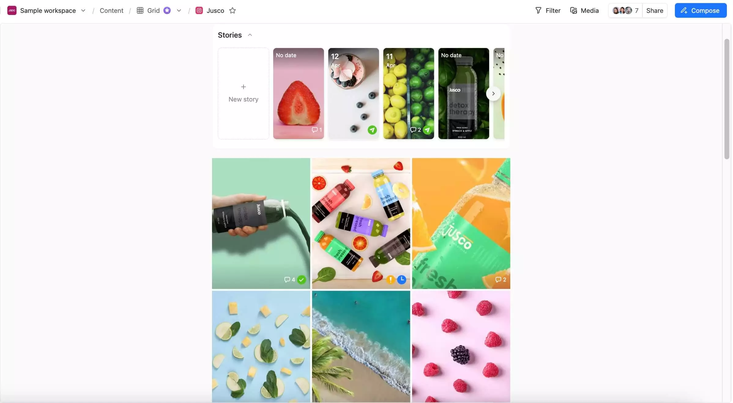 Planable Instagram grid planner with visual content layout, stories preview, and scheduled post thumbnails