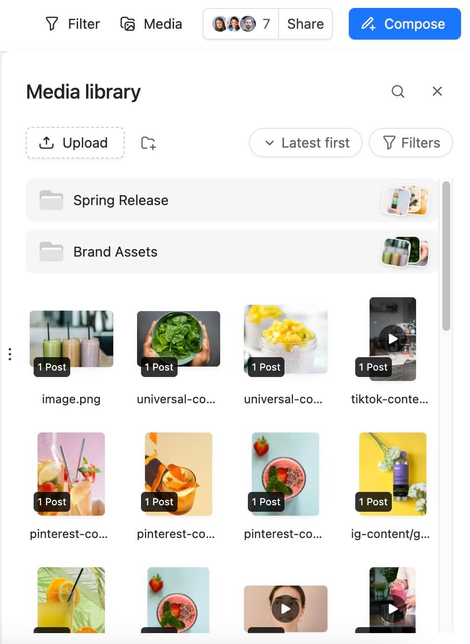 Media library with folders and thumbnails for organizing social media images and video content