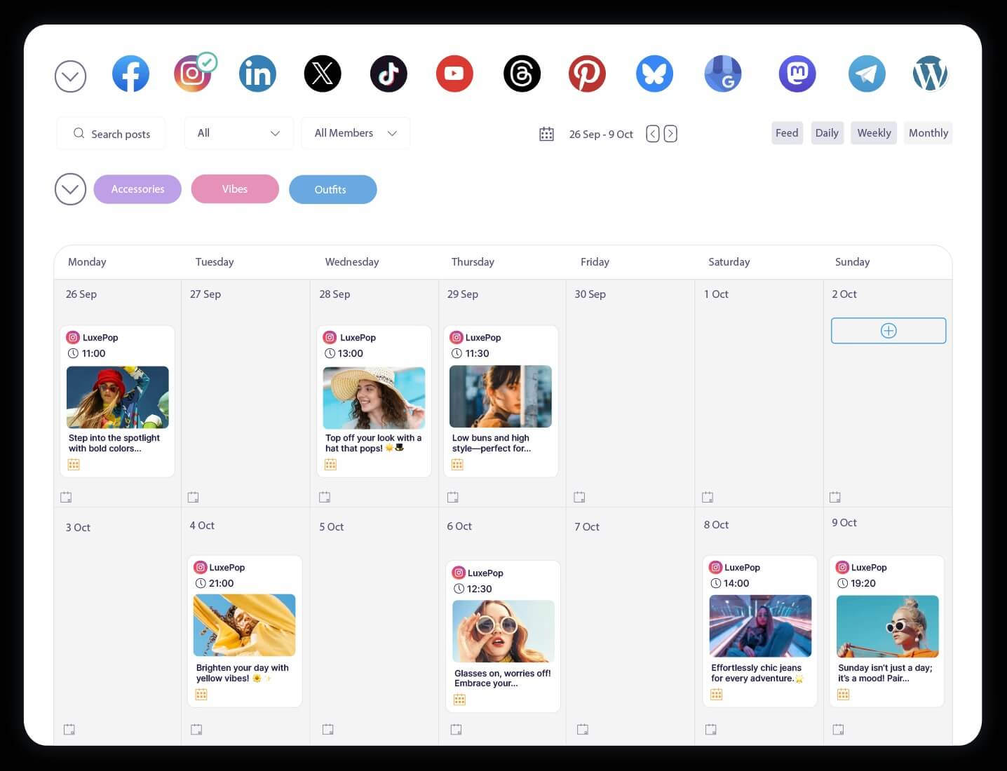 Social media scheduling calendar with platform icons and weekly content plan across channels