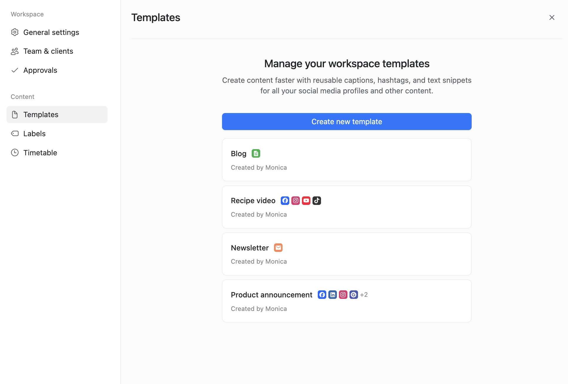 Templates page showing reusable content formats like blog, newsletter and product posts
