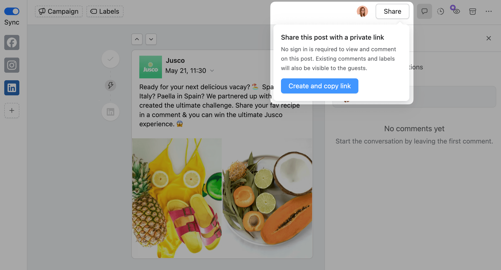 Modal to generate private link for sharing post