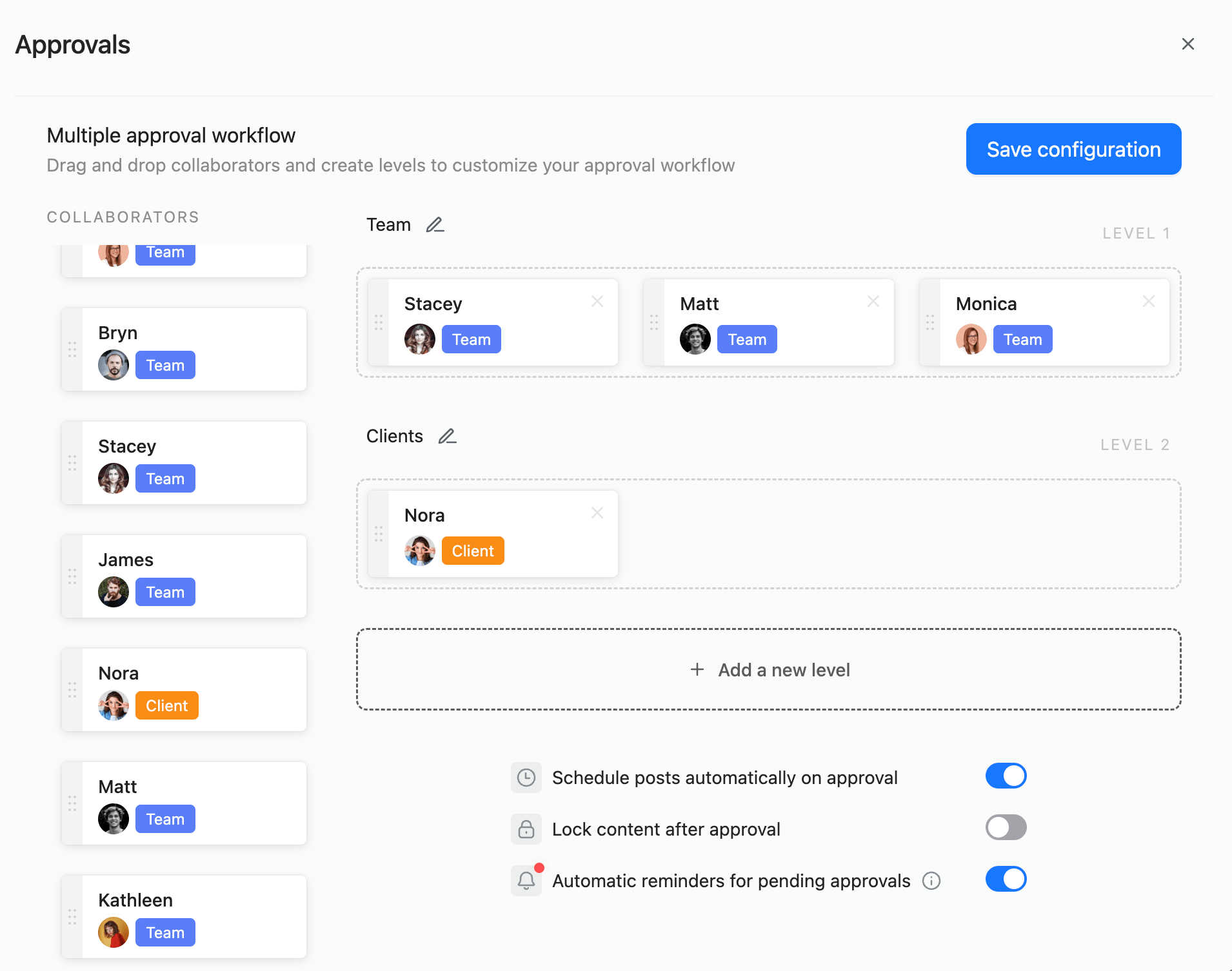 Multi-level approval workflow with team and client roles