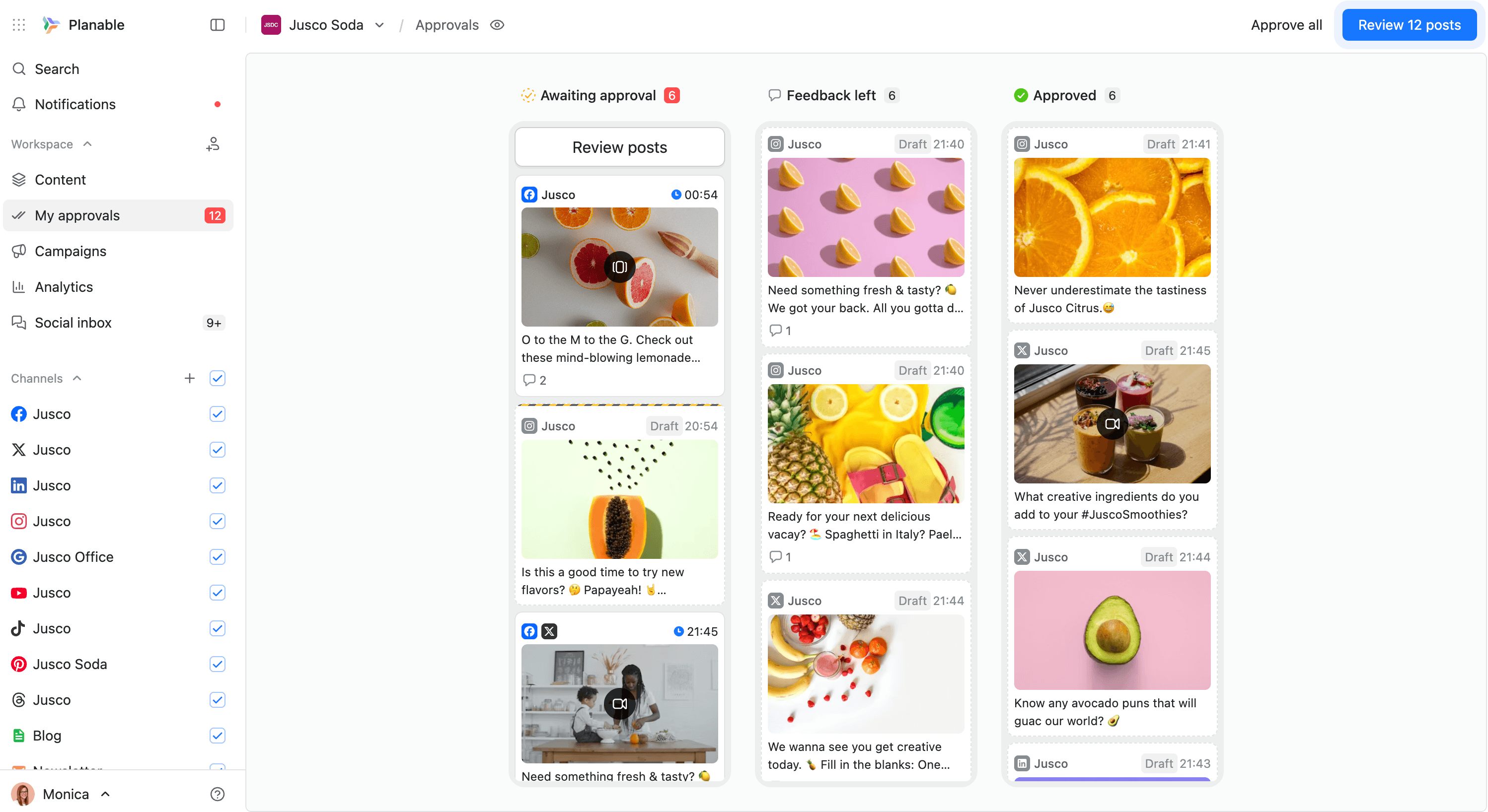 Content approvals board with draft and approved posts