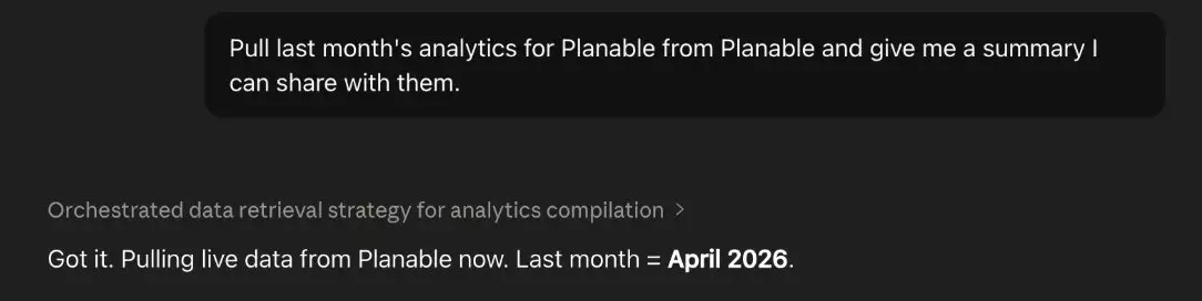 Claude pulling live Planable analytics for April 2026 to generate a client-ready monthly performance summary