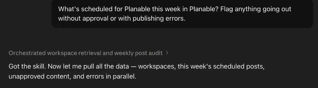 Claude content calendar audit in Planable MCP, flagging unapproved posts and publishing errors for the week