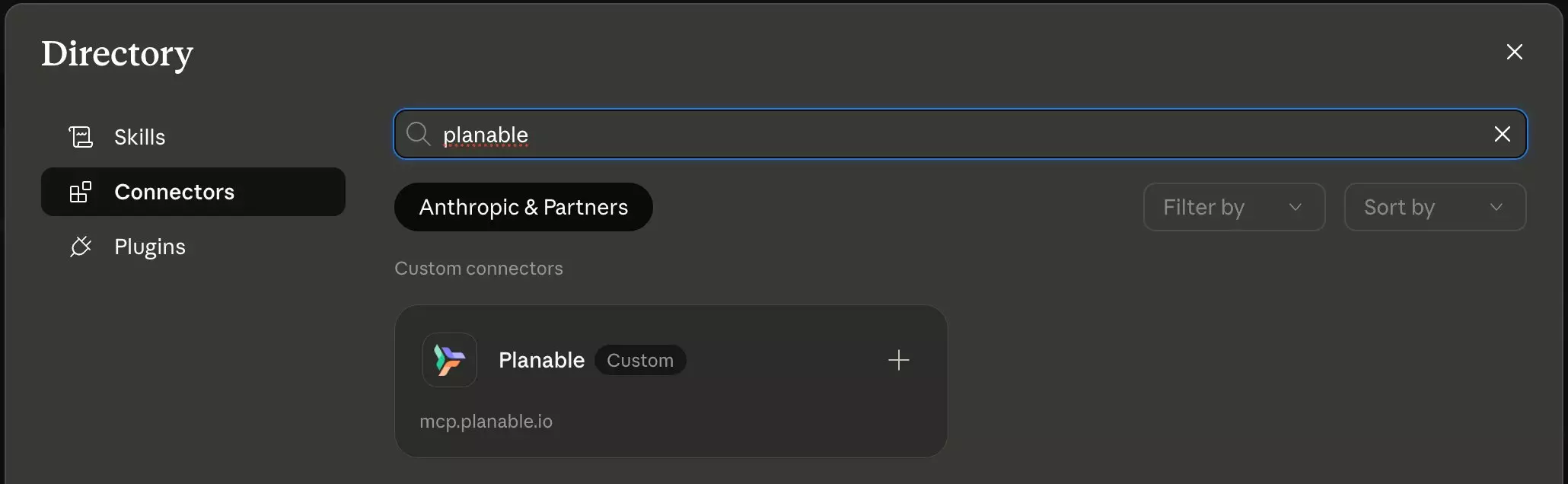 Planable custom MCP connector in the Claude connector directory at mcp.planable.io