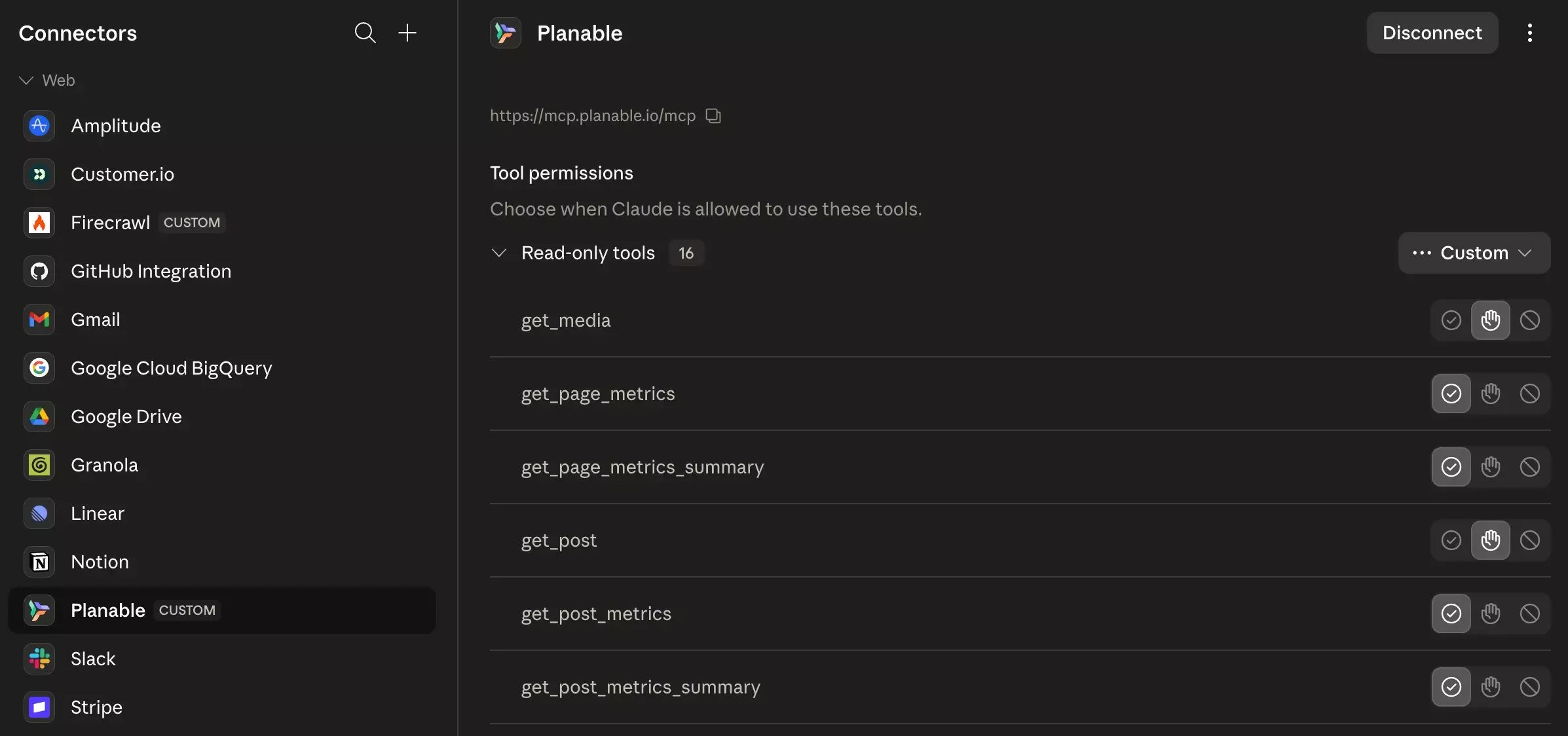 Planable MCP connector settings in Claude showing tool permissions and read-only access controls