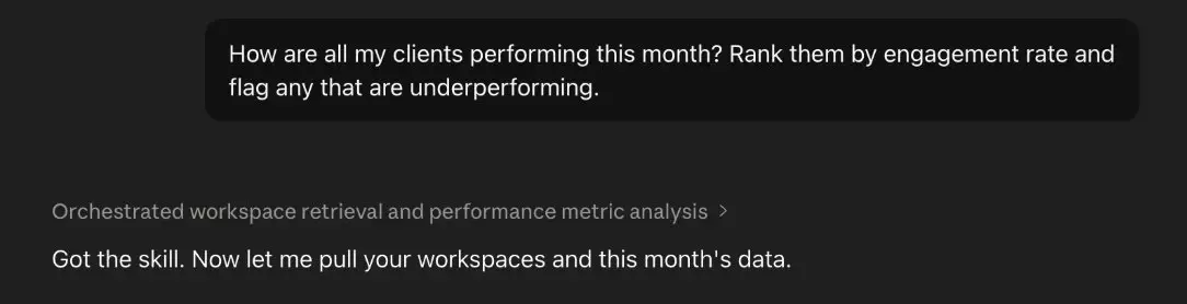 Claude pulling cross-client performance metrics from Planable, ranked by engagement rate with underperforming accounts flagged