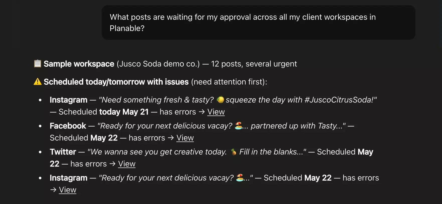 Claude showing pending approvals across Planable client workspaces, with publishing errors flagged by urgency
