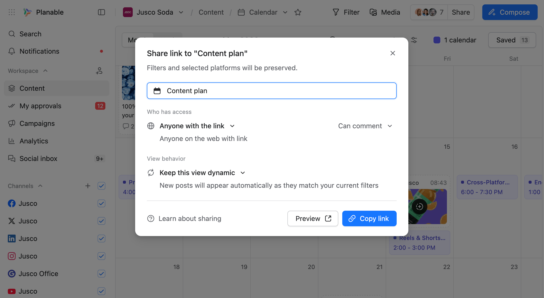 Link sharing settings with access and comment options