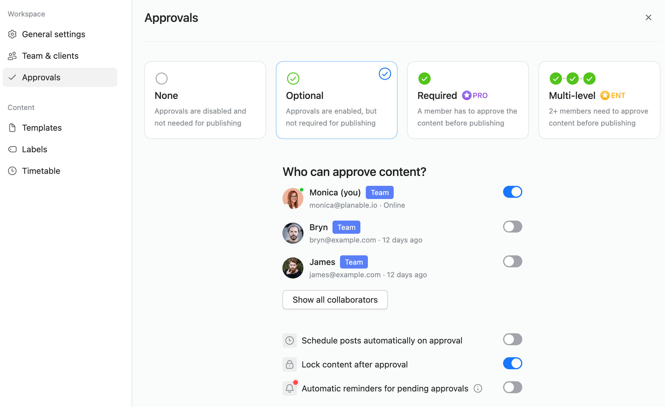 Settings panel showing content approval permissions