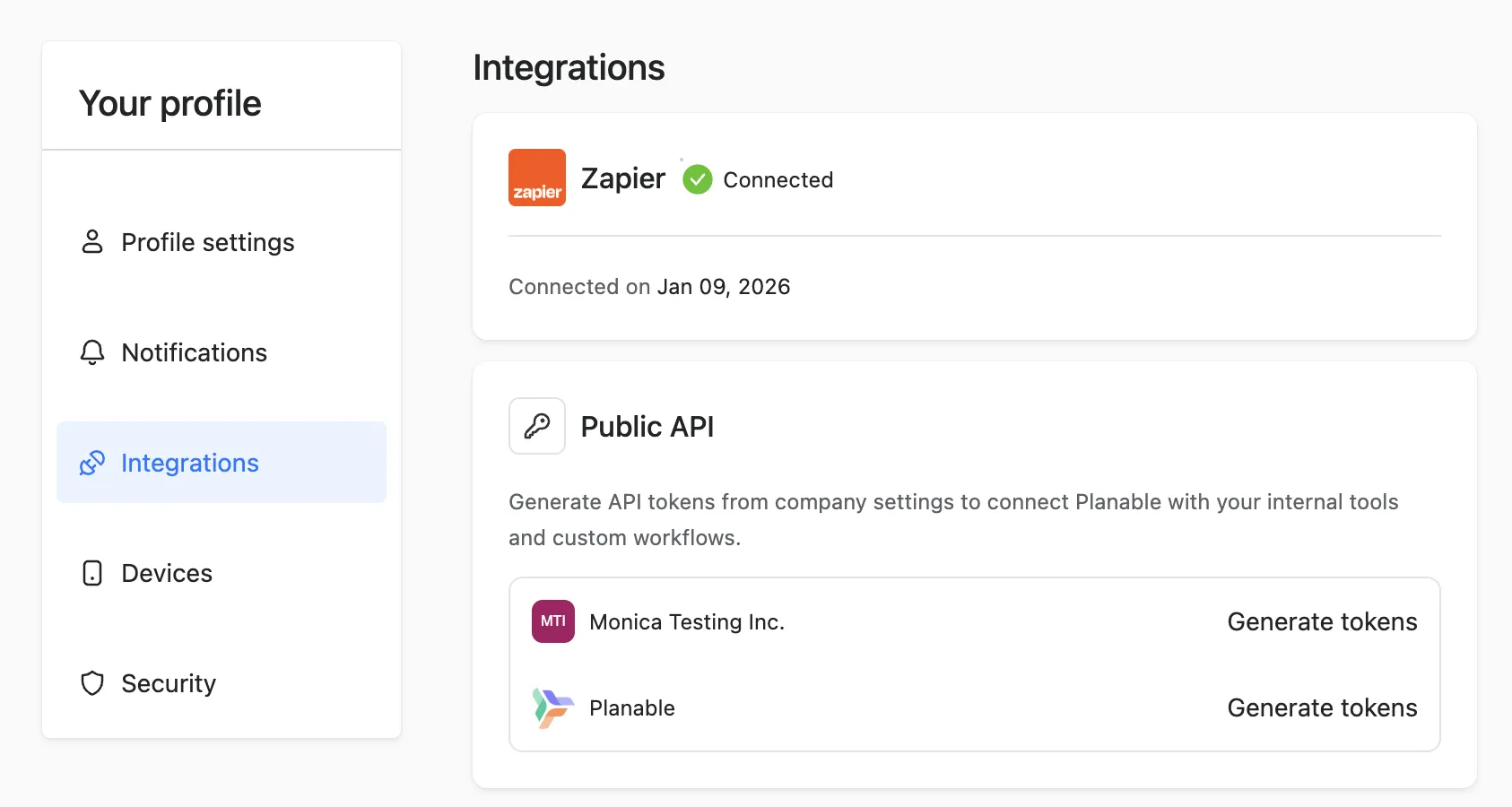 Planable integrations page with Zapier connected and Public API token generation options