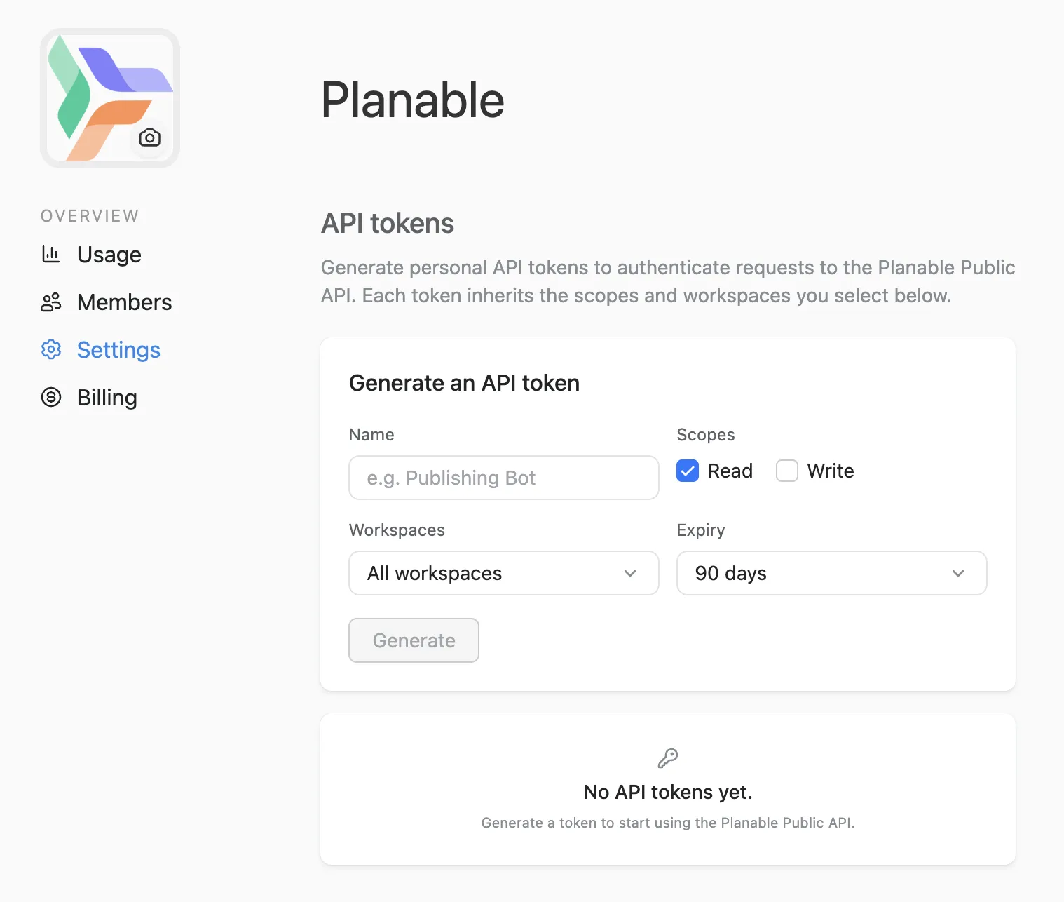 Planable API token settings with name, scopes, workspaces, and expiry fields