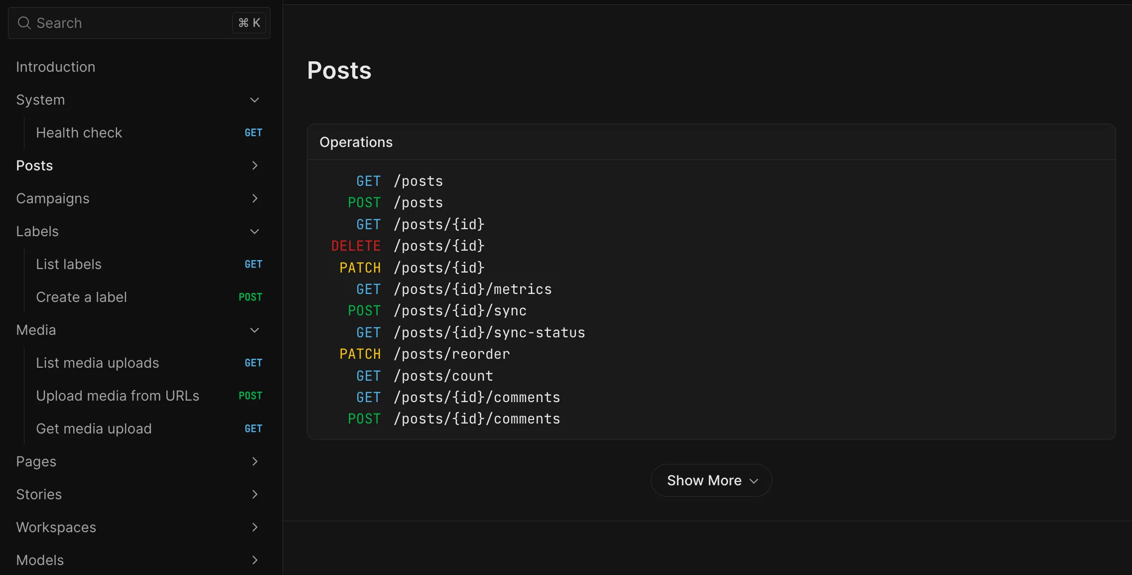 Planable Public API reference showing Posts endpoints and HTTP methods in a dark docs interface