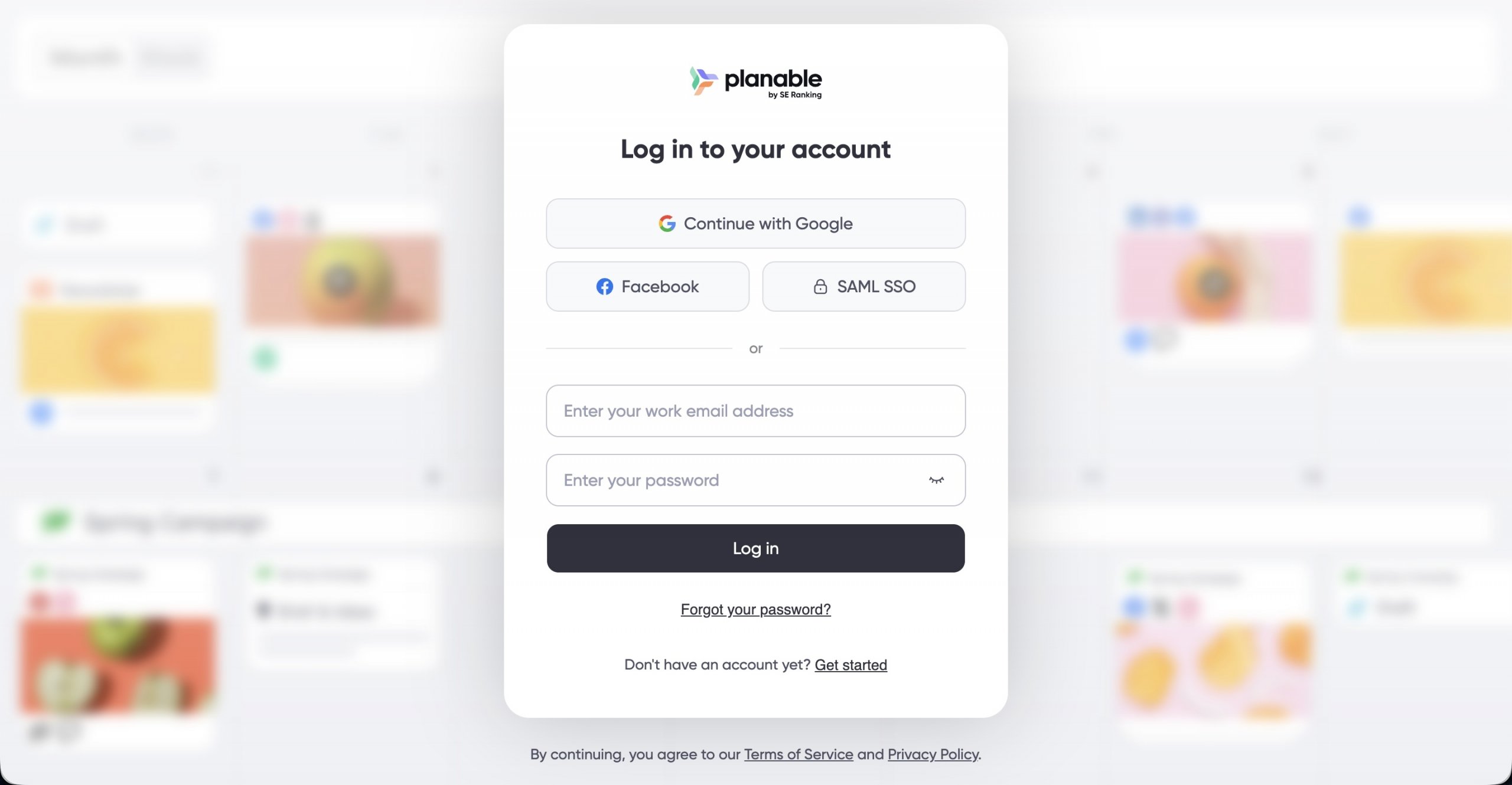 Planable login screen with Google, Facebook, SAML SSO, email, and password options