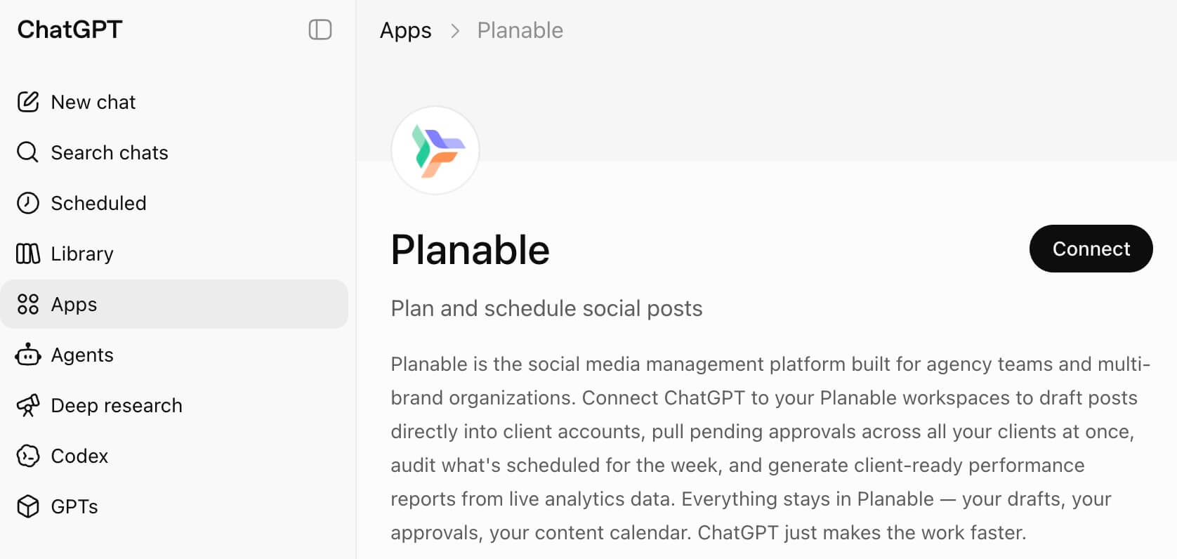 Planable app page in ChatGPT with a Connect button and social media management description.