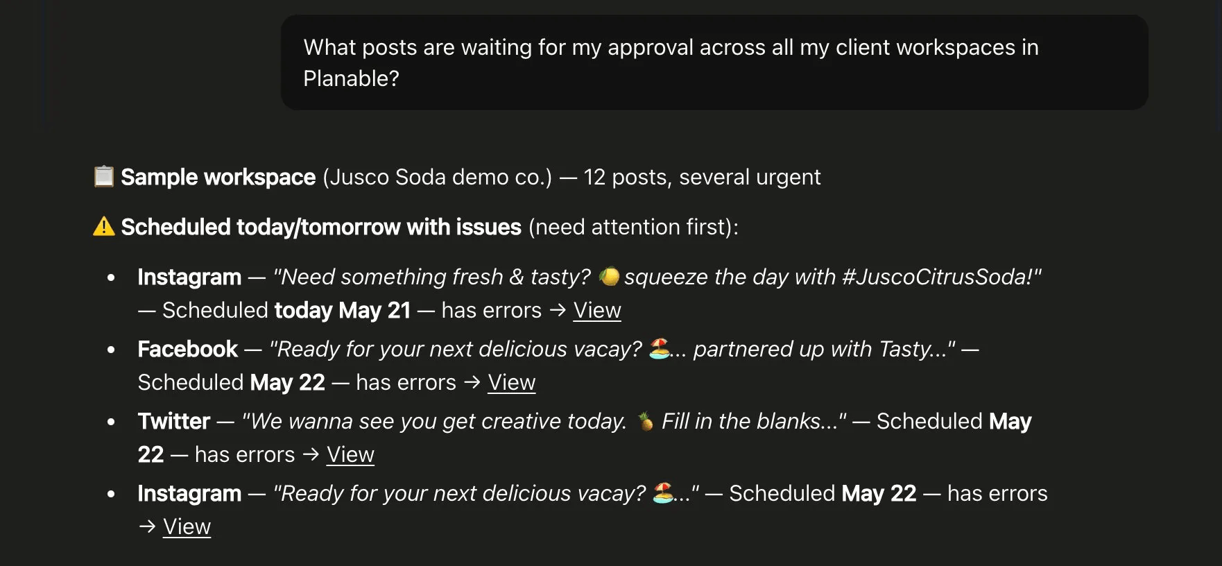 Example Claude prompt asking for posts that require approval across a Planable workspace