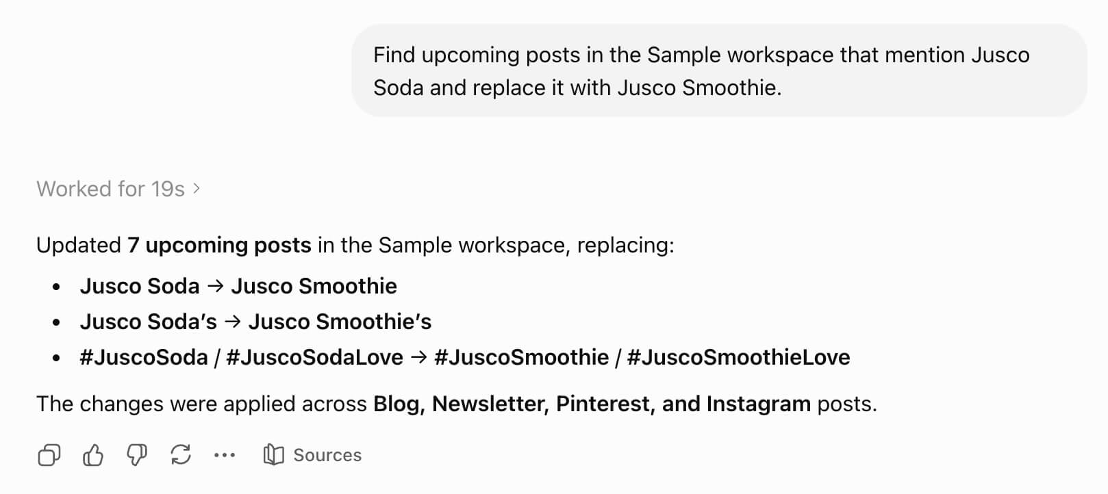 ChatGPT confirms seven upcoming posts updated from Jusco Soda to Jusco Smoothie across four channels.