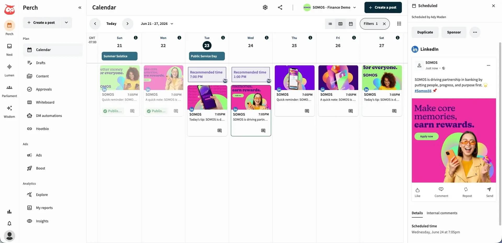 Perch content calendar showing scheduled LinkedIn posts and a campaign preview.