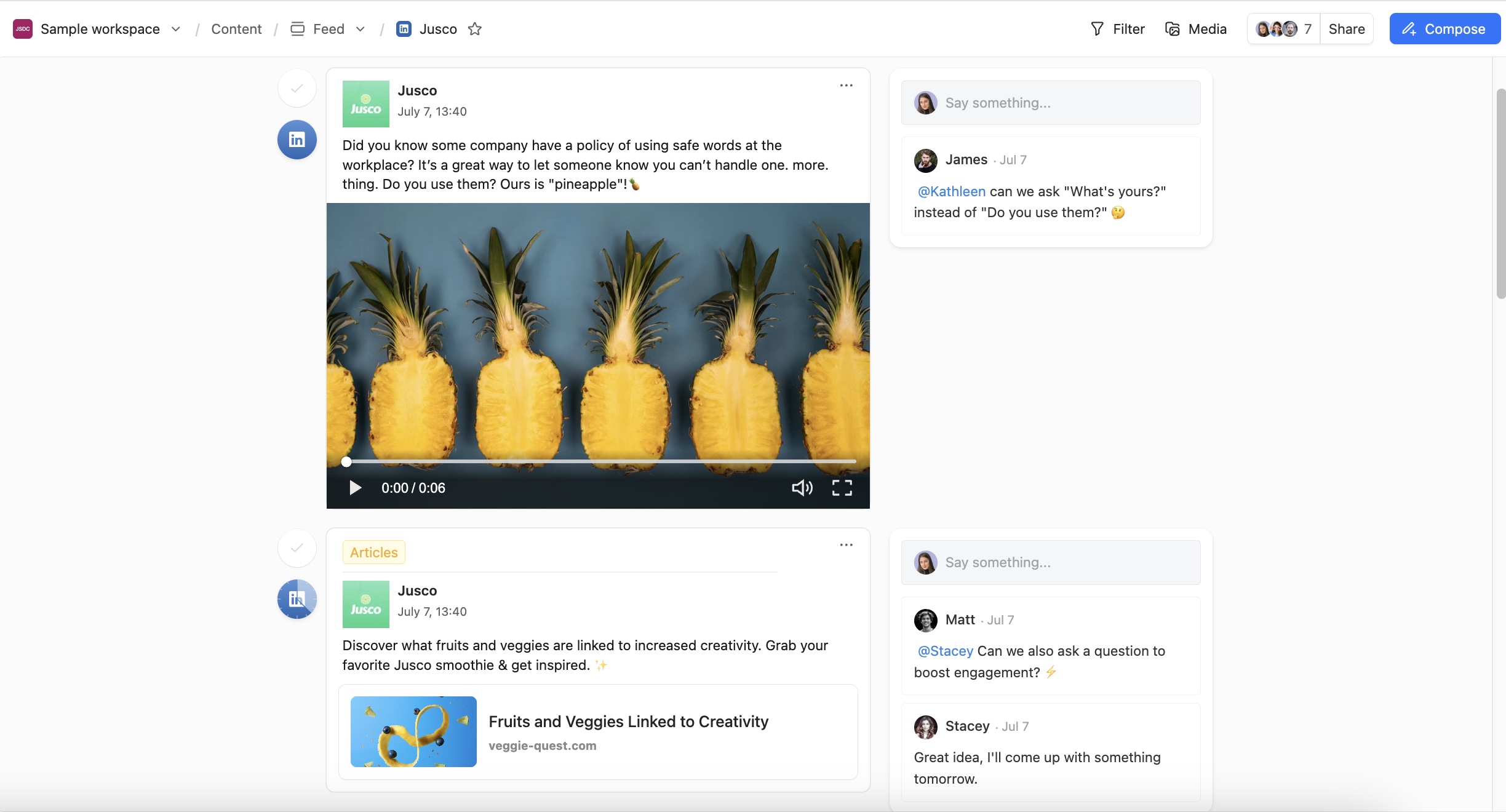 Claude-generated post drafts appearing in Planable workspace for team review and approval
