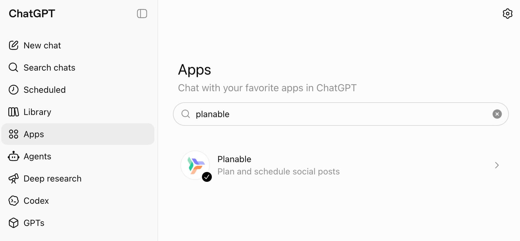 ChatGPT Apps search results showing Planable installed for planning and scheduling social posts.