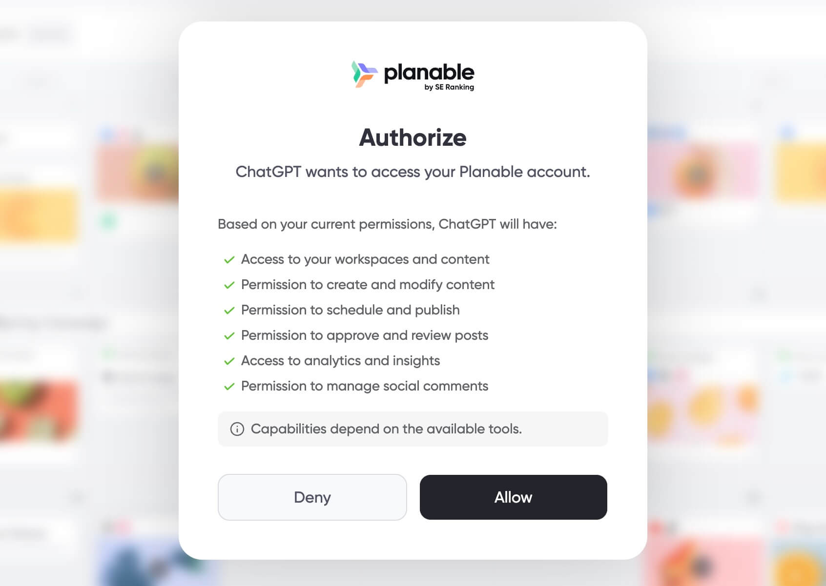 Planable authorization screen listing ChatGPT permissions with Deny and Allow buttons.