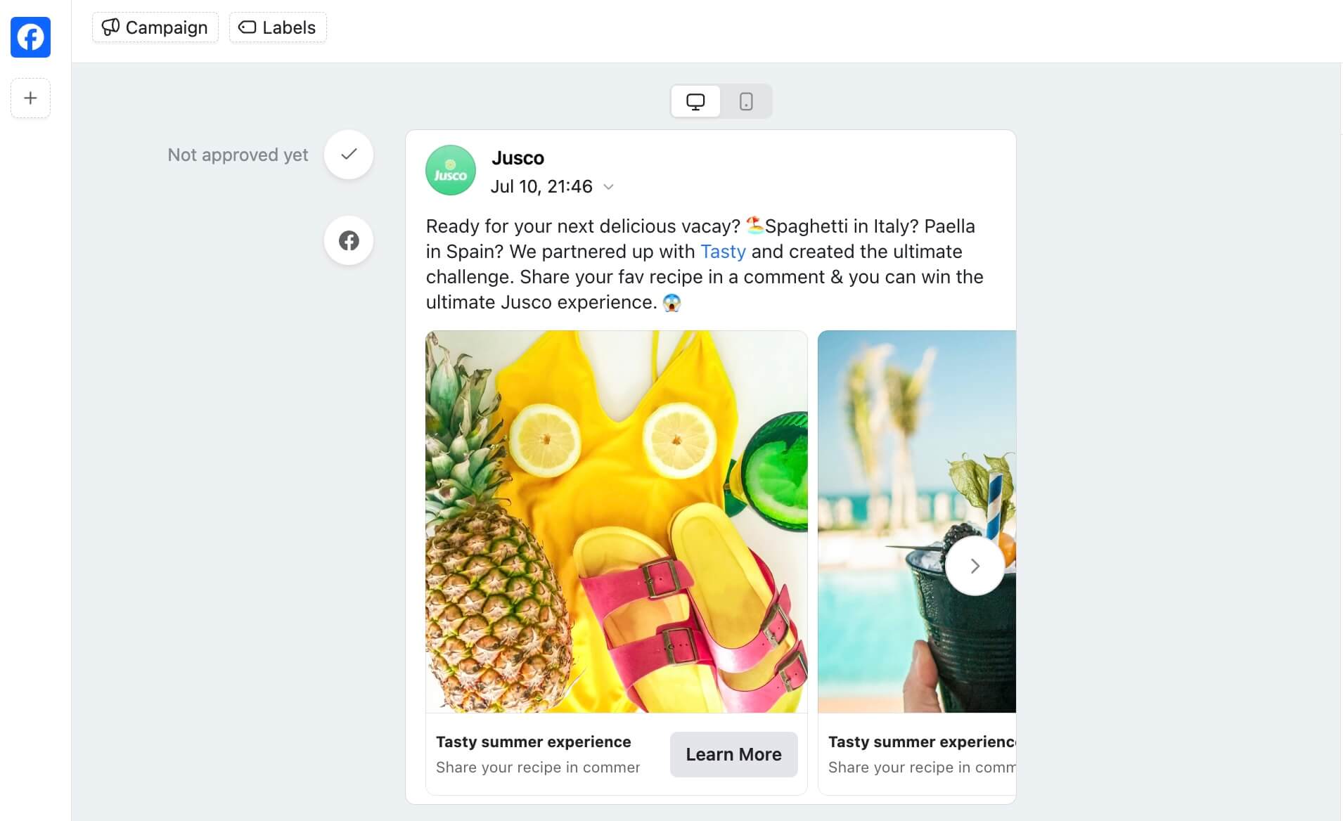 Draft social media post in Planable marked as awaiting approval with review status visible before publishing.