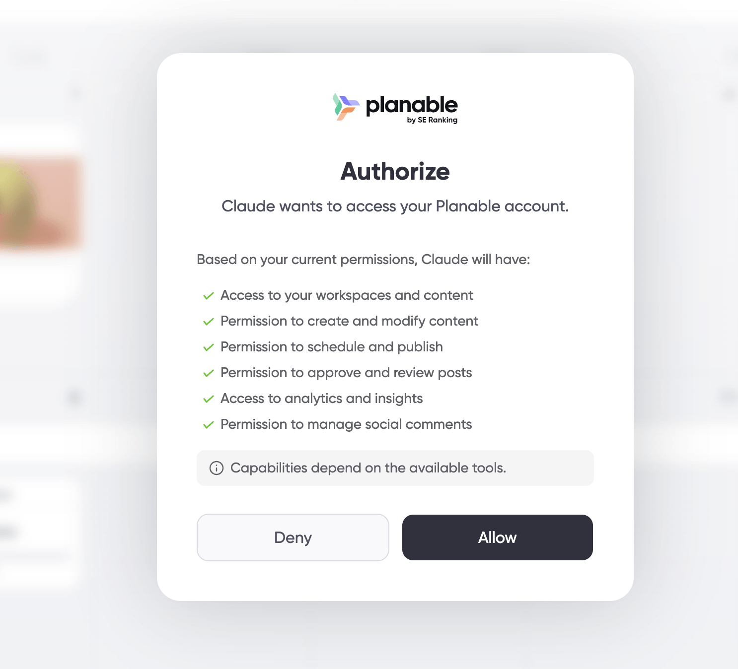 Planable authorization pop-up asking permission to connect Claude with Planable MCP. 