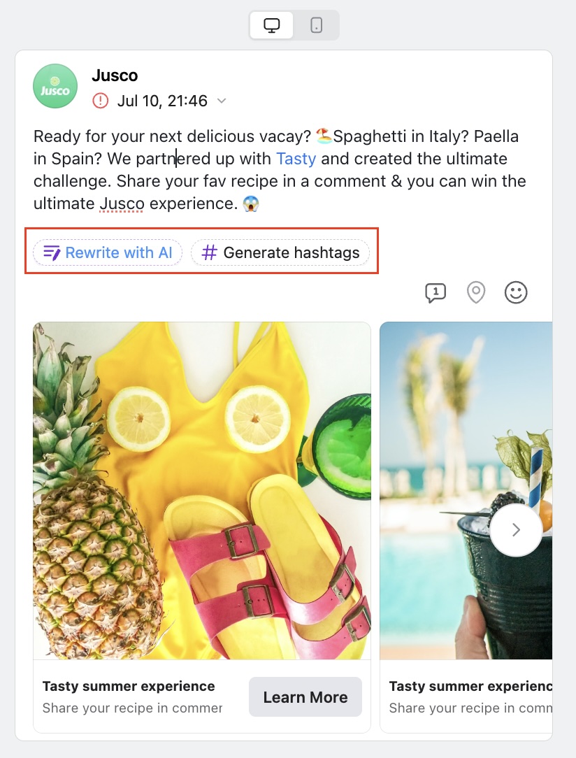 Planable editor with AI Assist for refining Instagram captions after Claude drafts