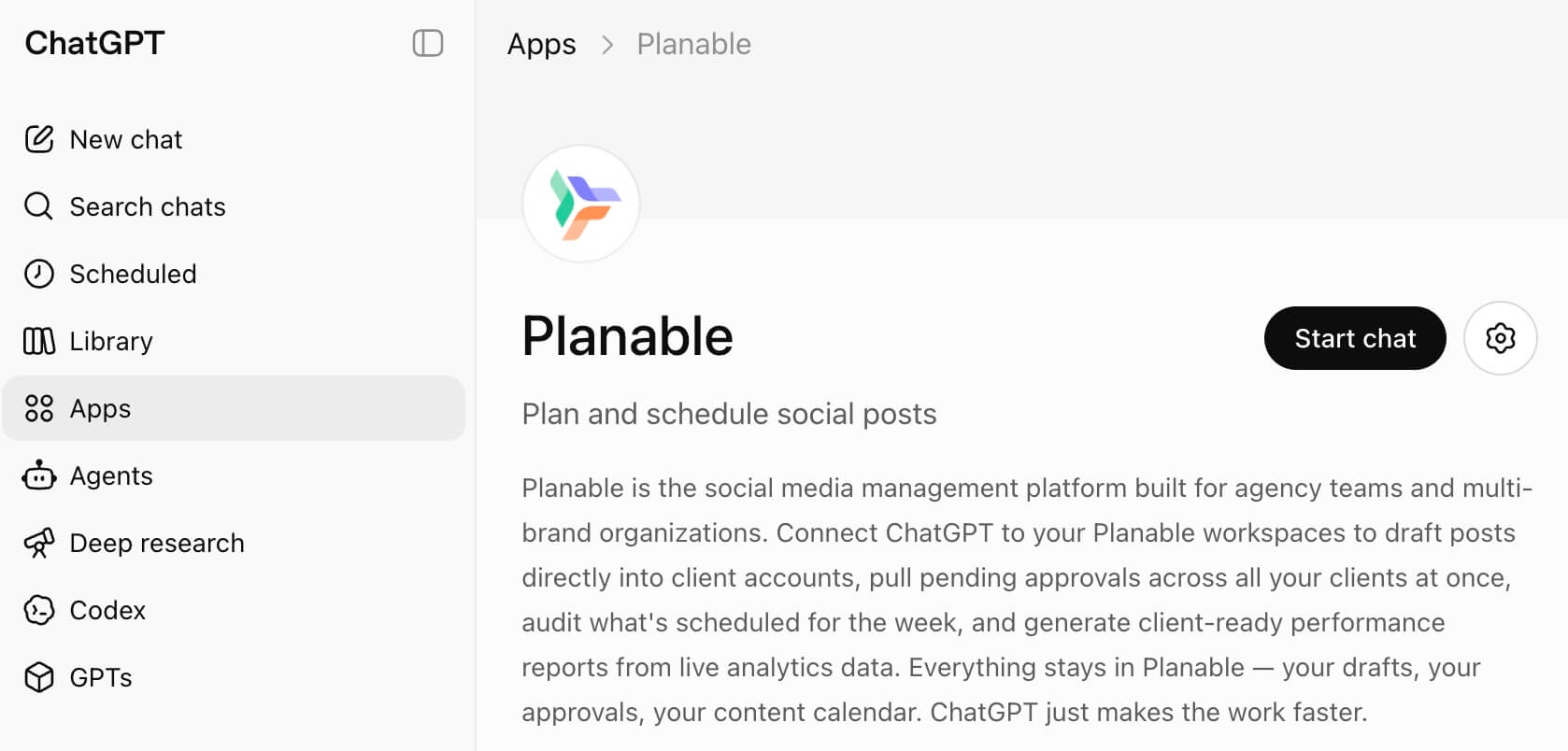 Planable app page in ChatGPT with a Start chat button and connected app settings.