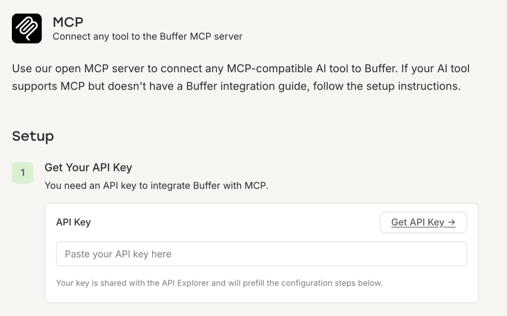 Buffer MCP setup prompting for an API key to complete the connection with the AI assistant. 