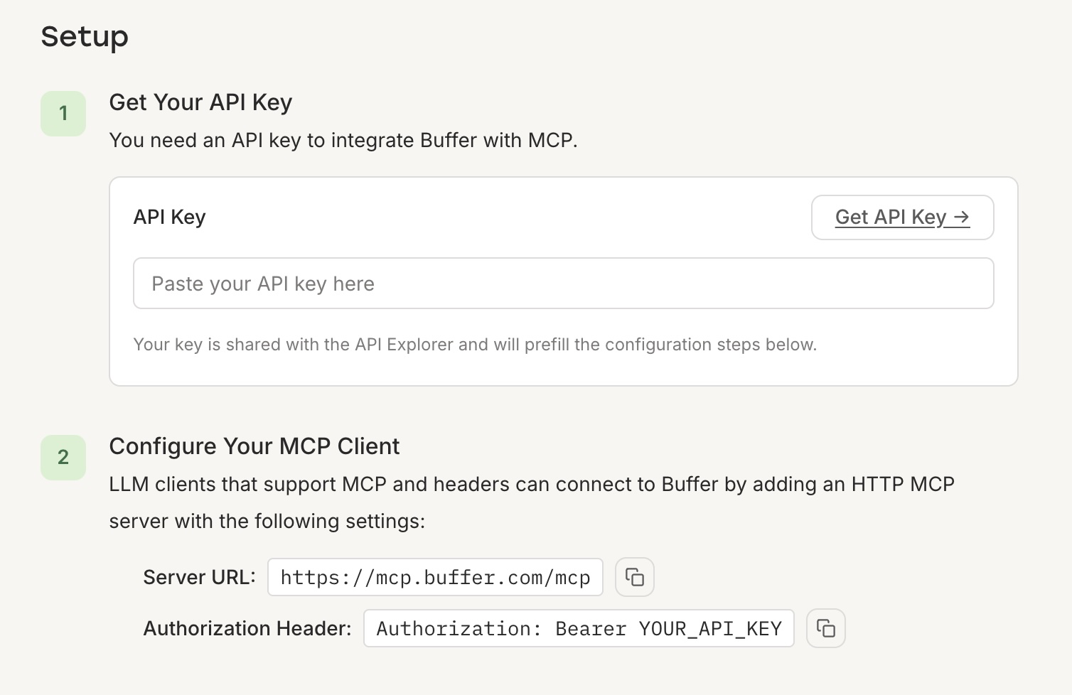 Buffer MCP setup page showing two steps: getting an API key and configuring an MCP client with the server URL and authorization header
