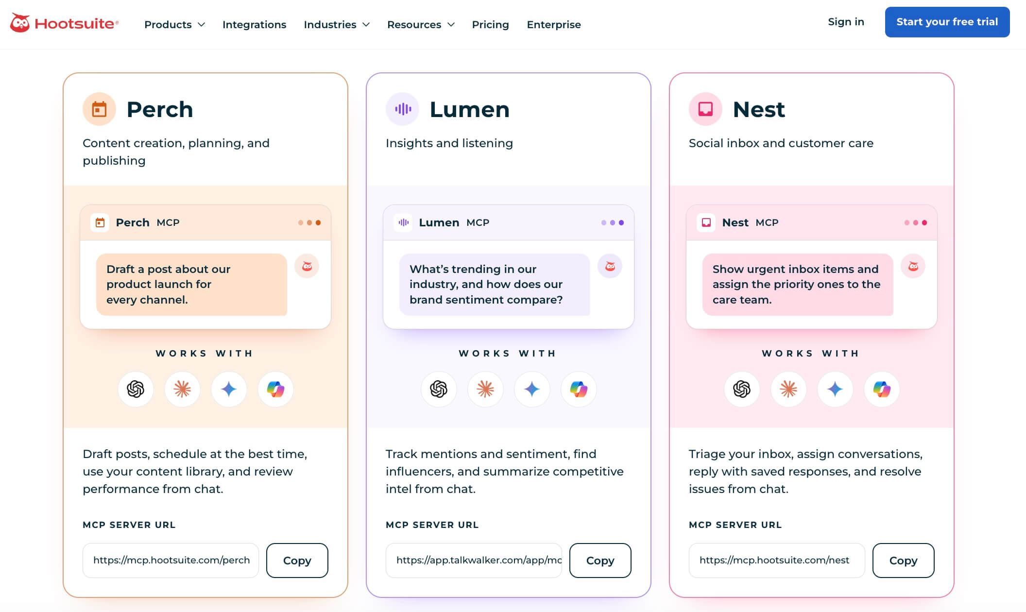 Hootsuite Social OS showing Perch, Lumen, and Nest MCP tools for AI-powered content creation, social listening, and customer care.