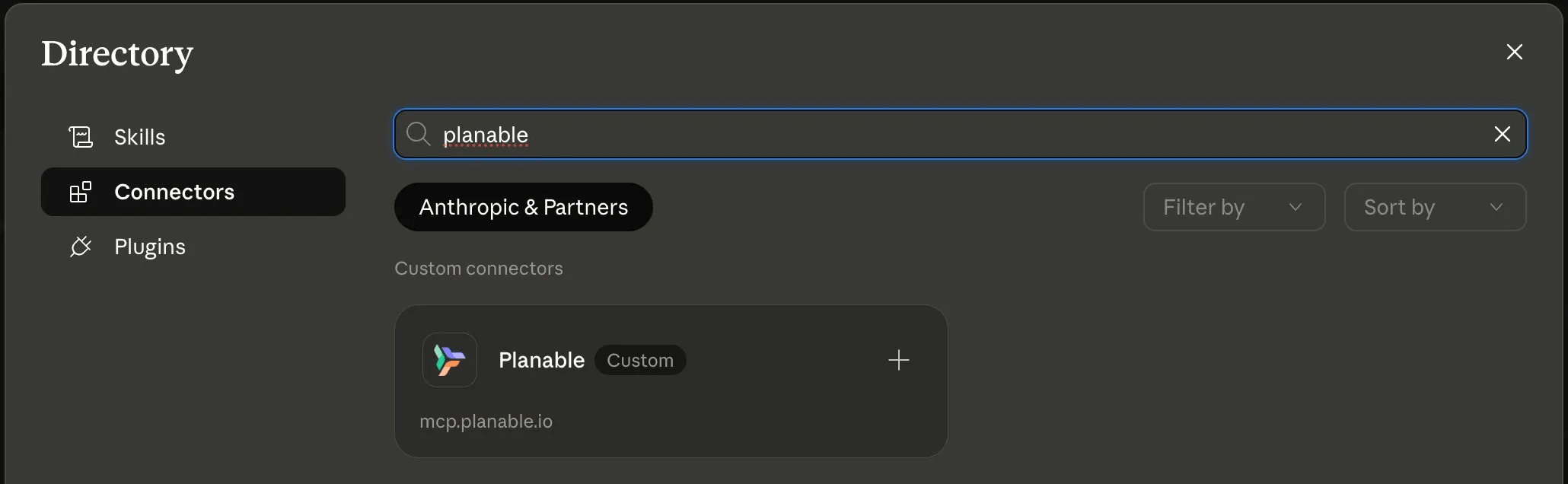 Claude interface showing the Planable connector installation