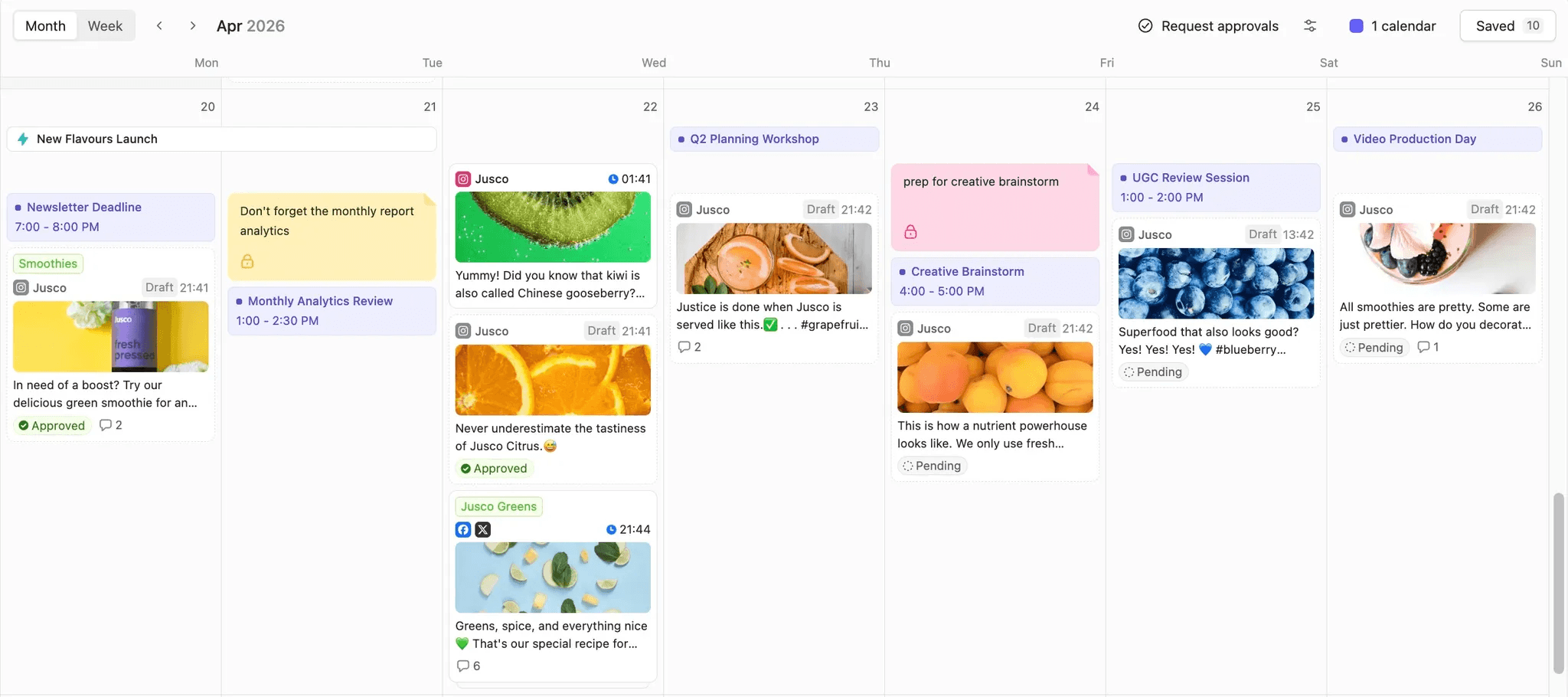 Planable's content calendar where a team reviews, comments on, and approves AI-generated draft posts