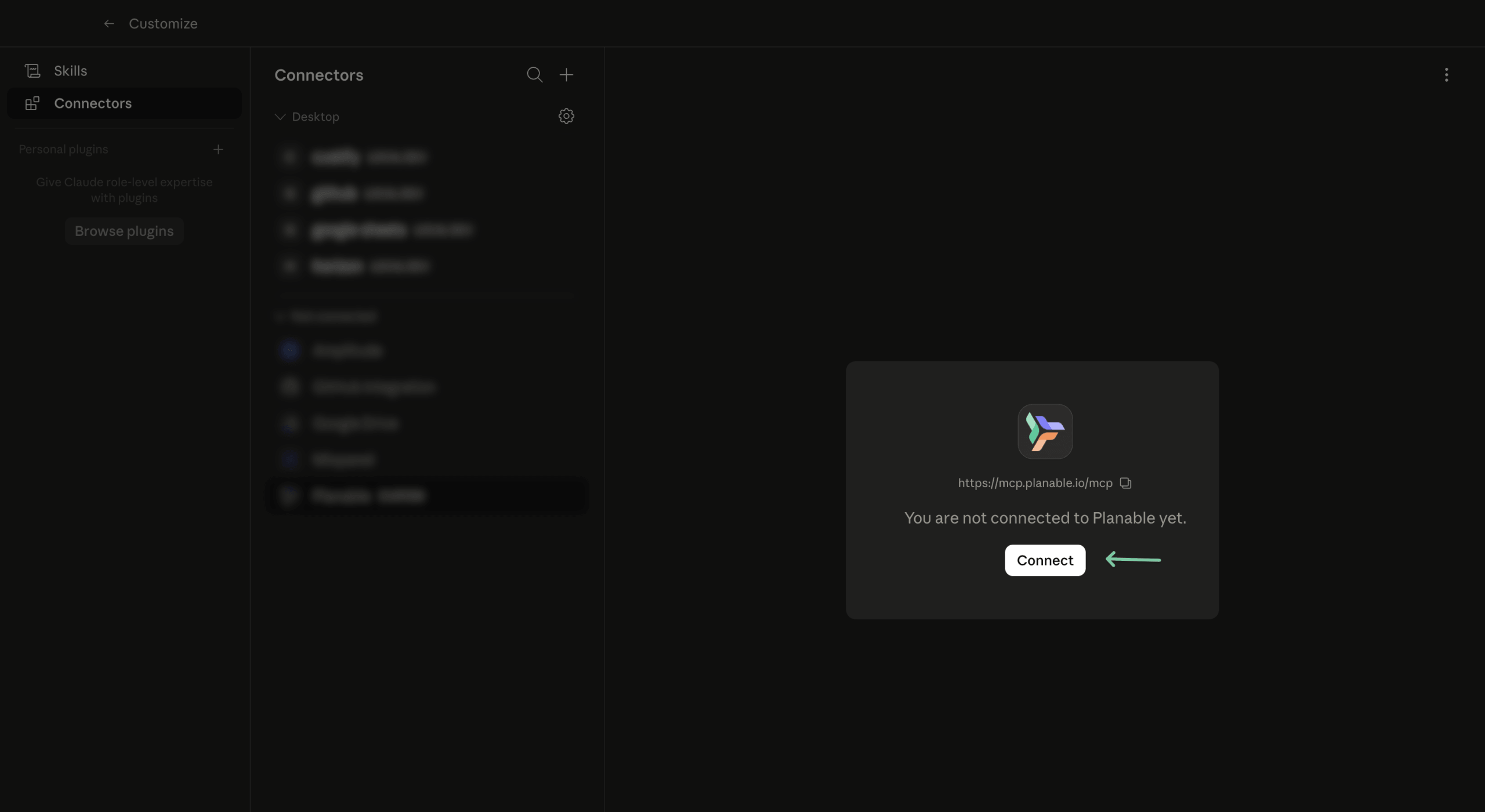 Planable MCP interface showing the Connect button for linking AI tools to social media workspace. 