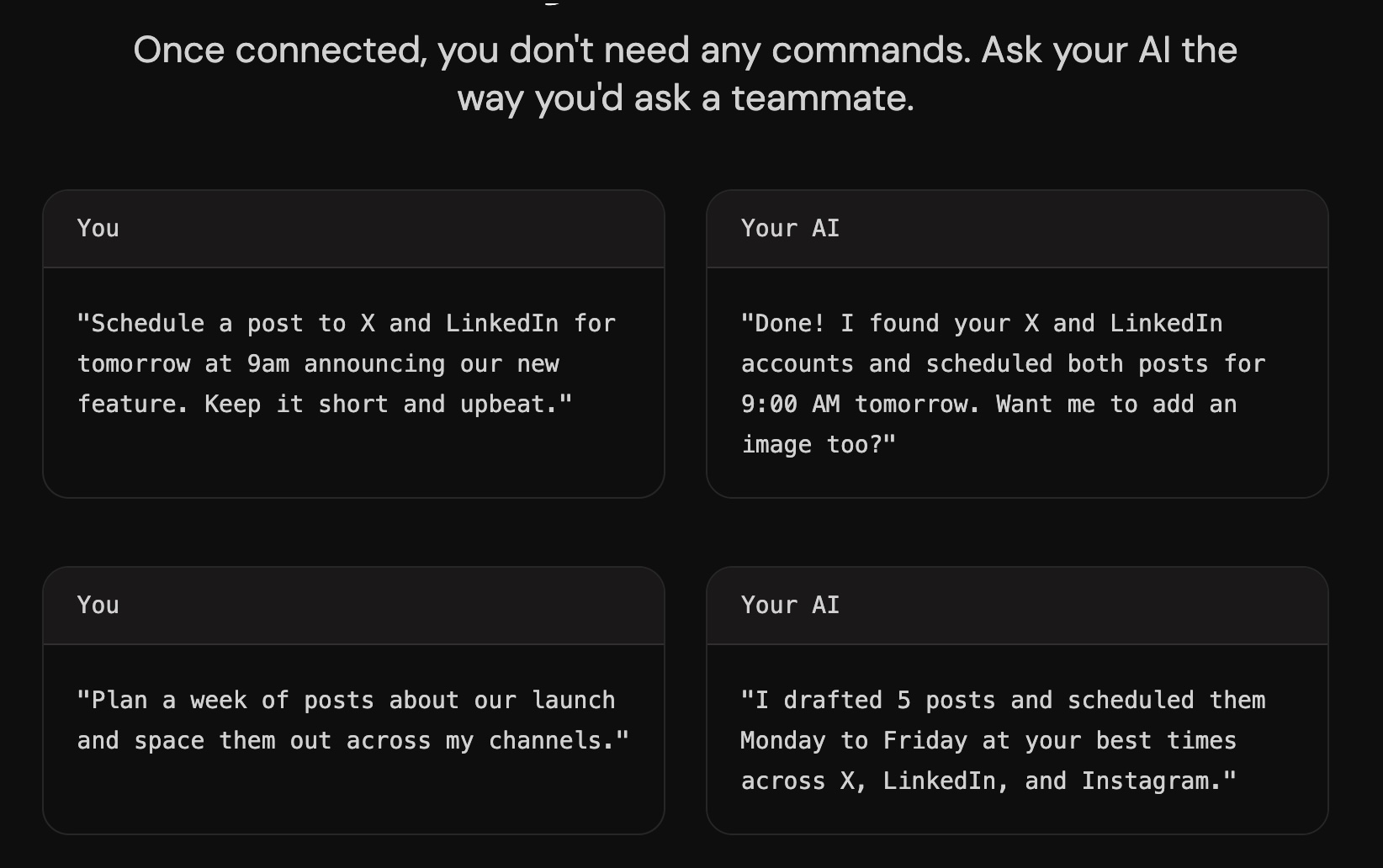Chat prompts showing how to schedule social media posts through the Postiz MCP connector