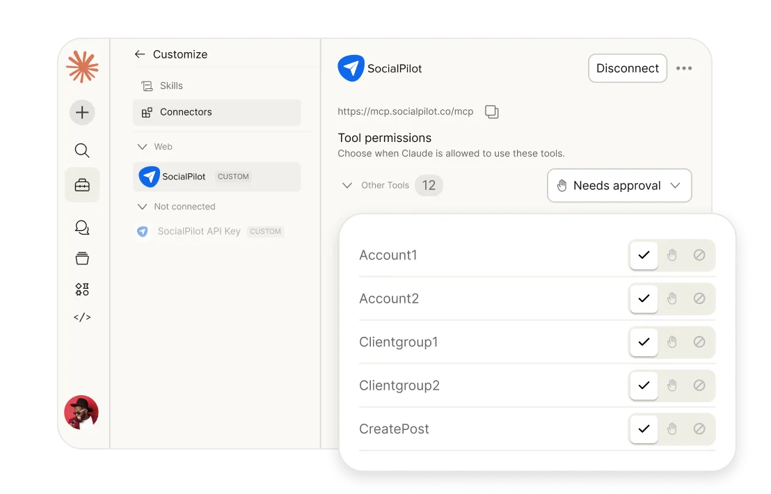 SocialPilot MCP server configuration showing AI tool permissions, account access controls, and approval settings for social media publishing