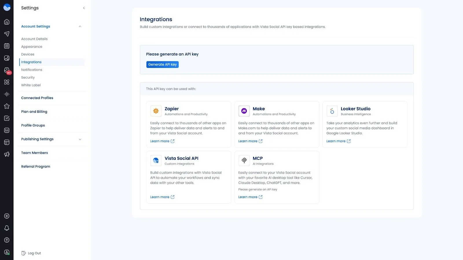 Vista Social integrations page showing MCP setup alongside API, Zapier, Make, and Data Studio (Looker Studio) integrations for AI-powered social media management.