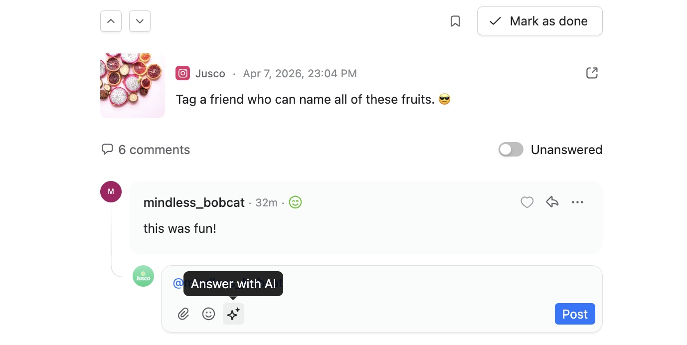 Planable social inbox showing an Instagram comment and AI-assisted reply field.