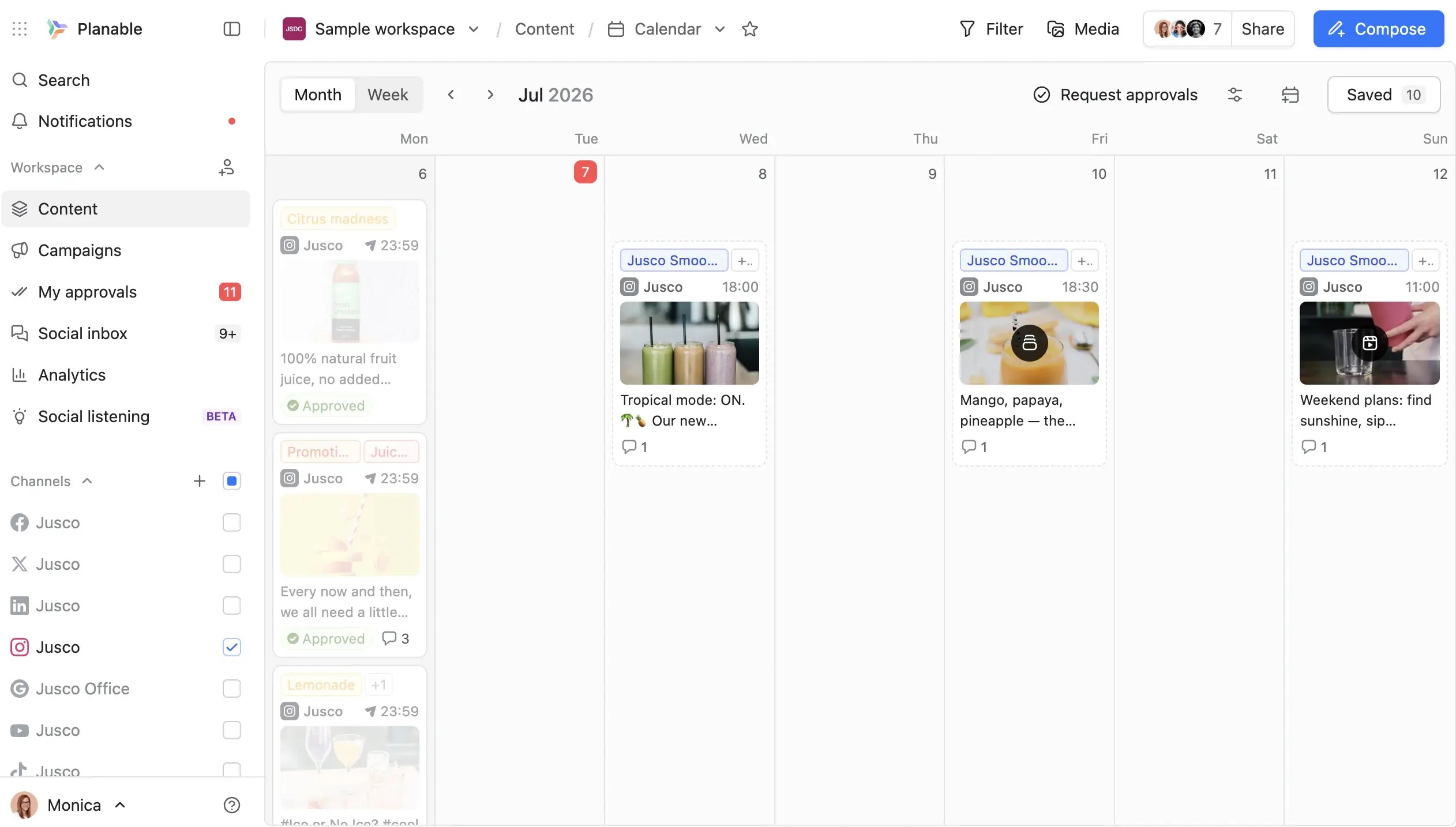 Planable monthly calendar showing approved Jusco social posts