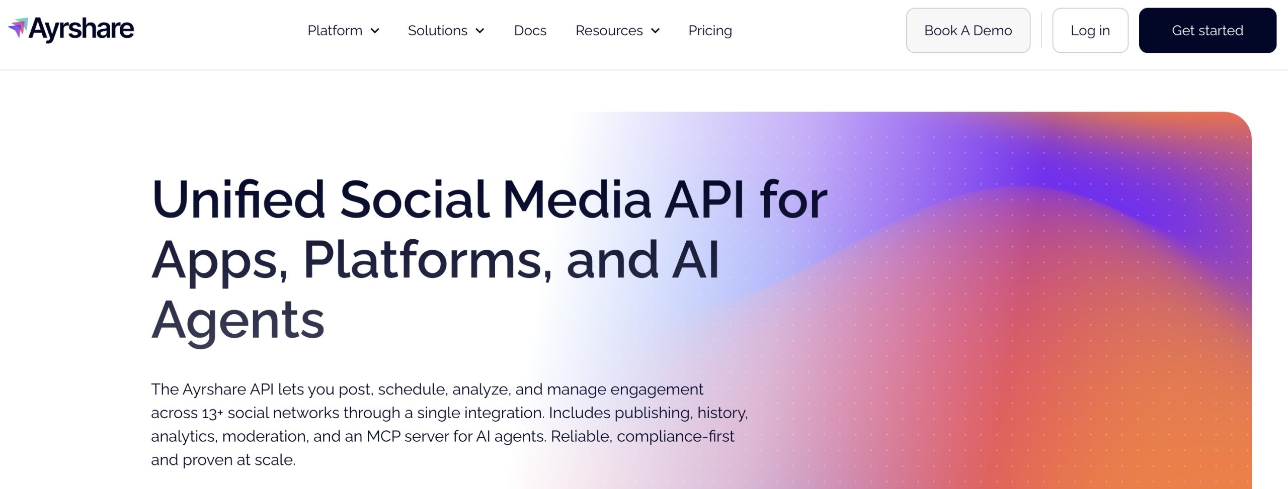 Ayrshare homepage promoting a unified social media API for apps, platforms, and AI agents.