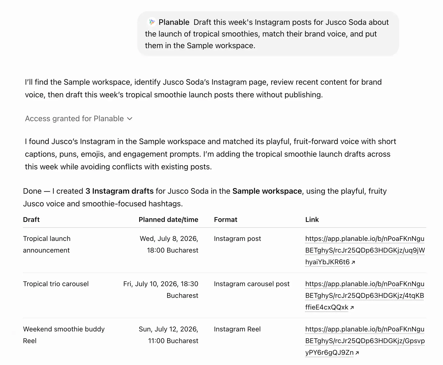 Planable AI creates three on-brand Instagram drafts for Jusco Soda’s tropical smoothie launch in the Sample workspace.