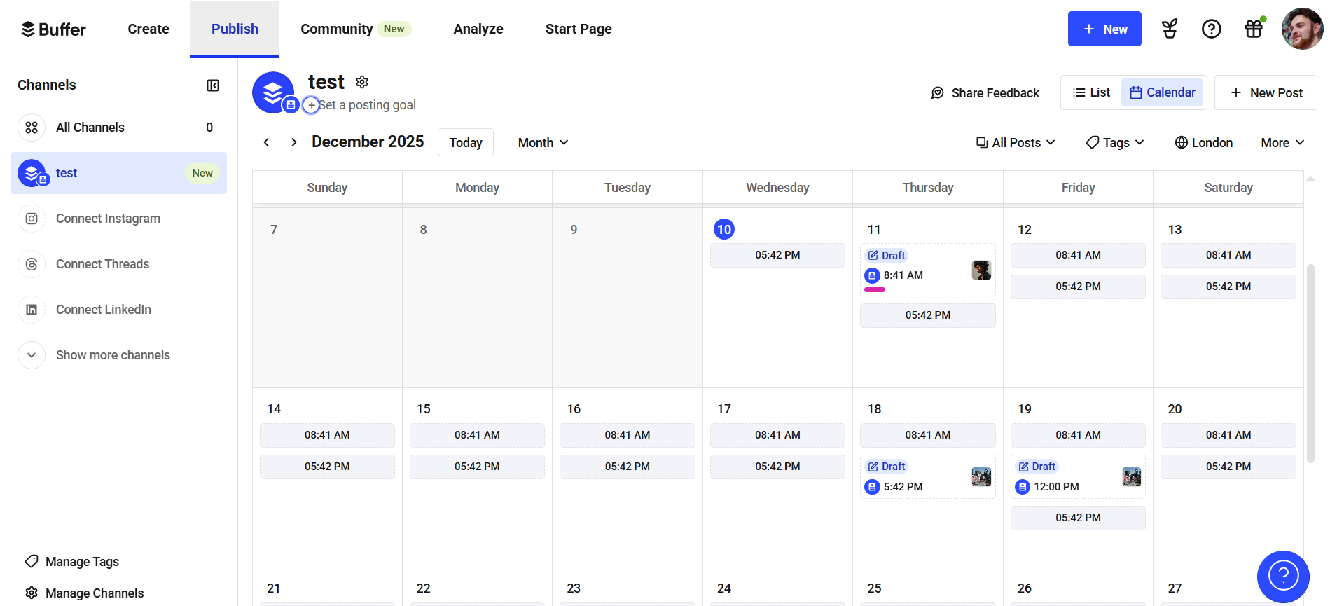 Buffer content calendar showing drafts and scheduled posting times.