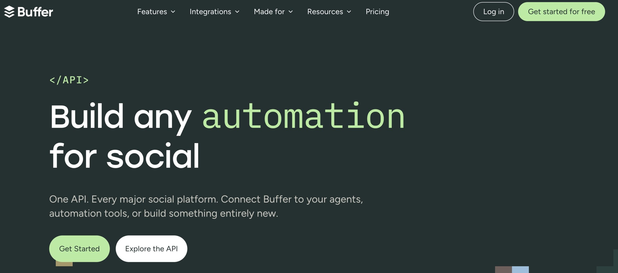 Buffer API homepage promoting social media automation across major platforms.