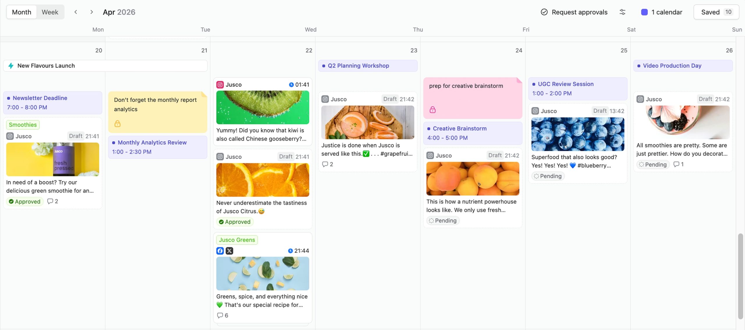 Planable monthly content calendar with scheduled posts, campaign notes, and approval statuses.