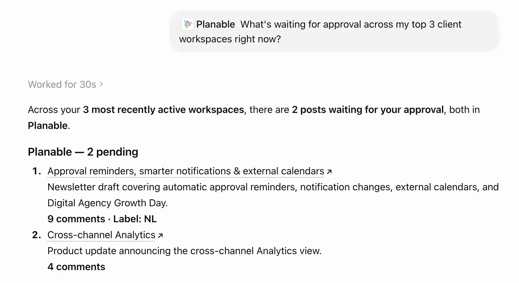 Planable AI response listing two pending posts awaiting approval across recently active workspaces.