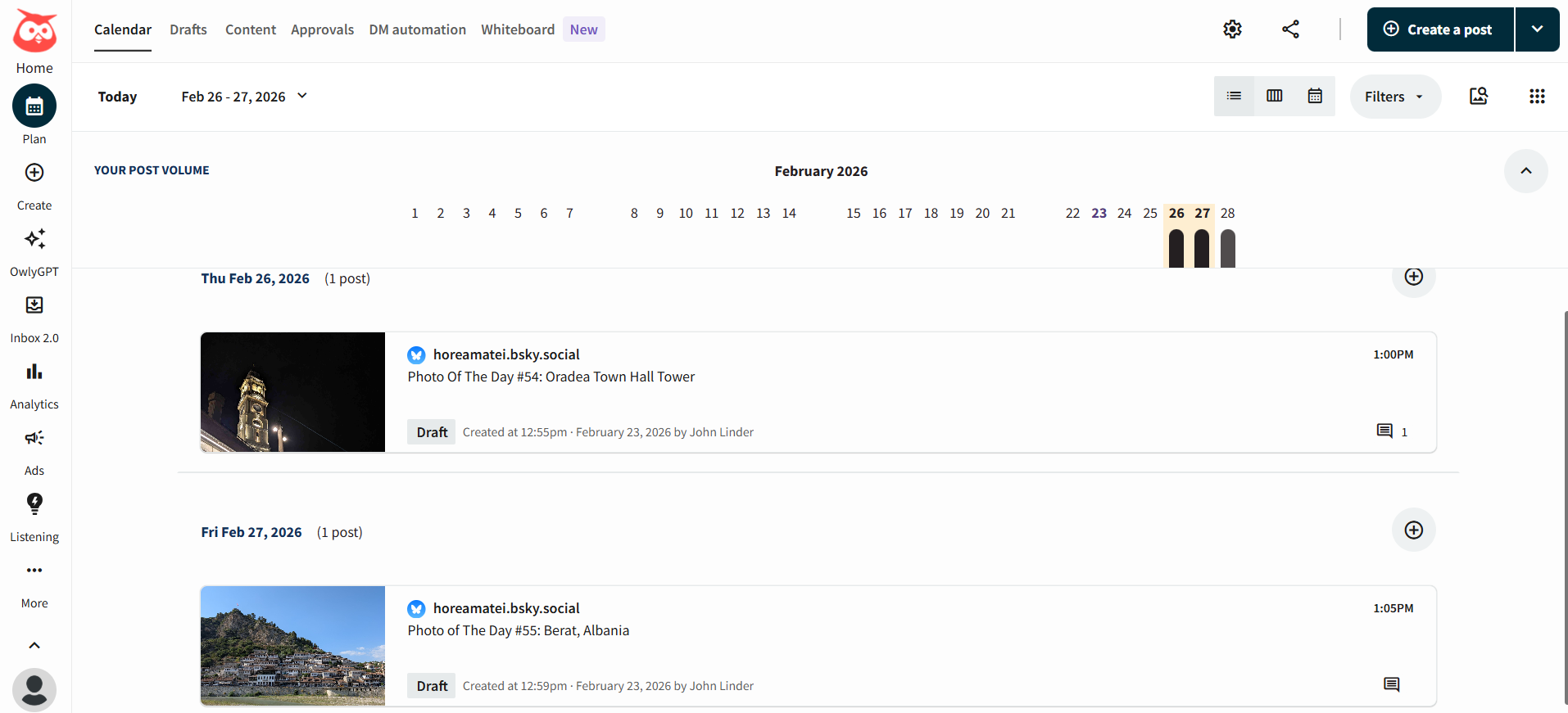 Hootsuite list view showing two draft Bluesky photo posts with scheduled times.