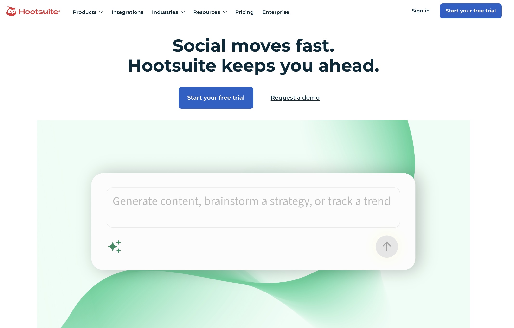 Hootsuite homepage highlighting social media management with AI-powered content tools.